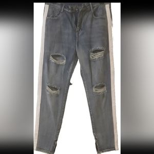 Shein Men's Jeans with white stripes on legs. Zippers at bottom of legs Size:M